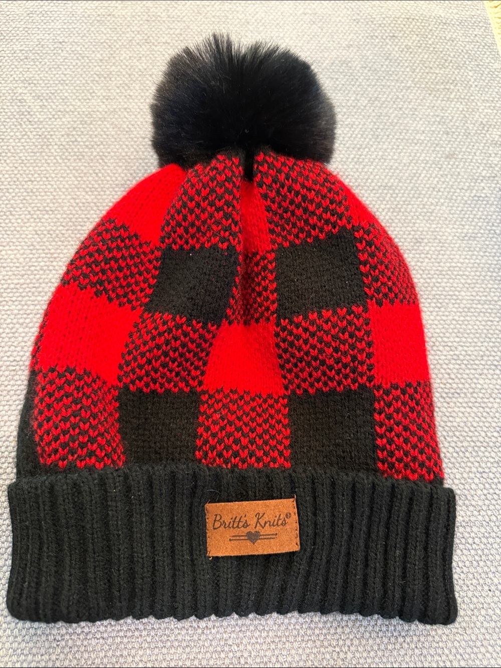 Red & Black Buffalo Plaid Pom Beanie
